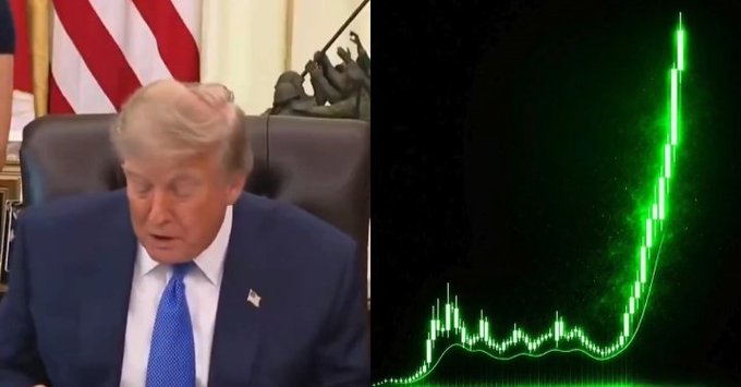 An image split showing President Trump speaking in the White House on the left, paired with a sharply rising green crypto price chart on the right, visually representing the surging momentum of digital assets as the administration prepares to host top crypto and prediction market executives on August 19 to push for clearer regulations.