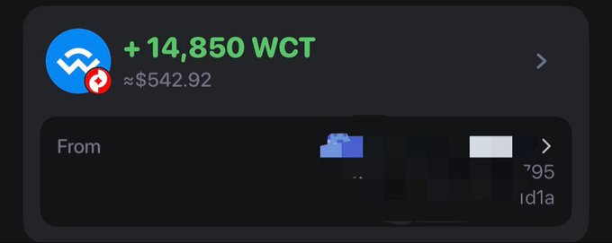 A digital wallet interface displaying a transaction of '+14,850 WCT' (~$542.92) alongside a blue logo.
