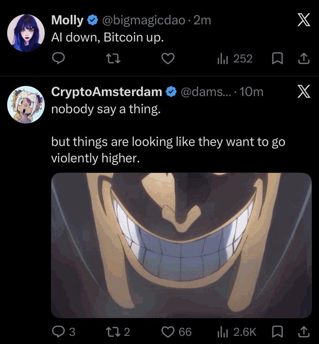 A screenshot of two X (Twitter) posts: Molly (@bigmagicdao) tweets 'AI down, Bitcoin up.' (252 views), and CryptoAmsterdam (@dams...) tweets 'nobody say a thing. but things are looking like they want to go violently higher.' with a grinning anime face image (2.6K views).