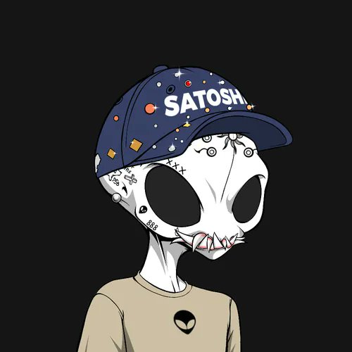 A stylized cartoon illustration of an alien character with large black eyes wearing a space-themed baseball cap that reads "SATOSHI," along with a shirt featuring an alien head logo.