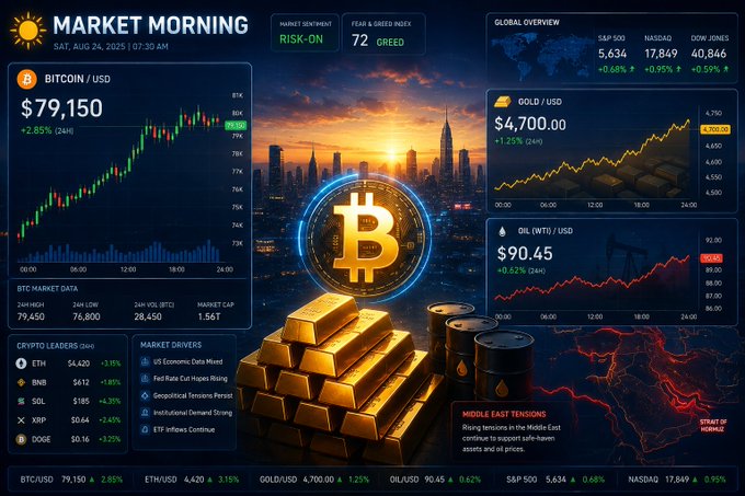 A 'Market Morning' financial dashboard dated Sat, Aug 24, 2025 shows Bitcoin/USD at $79,150, Gold at $4,700, Oil at $90.45, and market indices including S&P 500, Nasdaq, and Dow Jones.