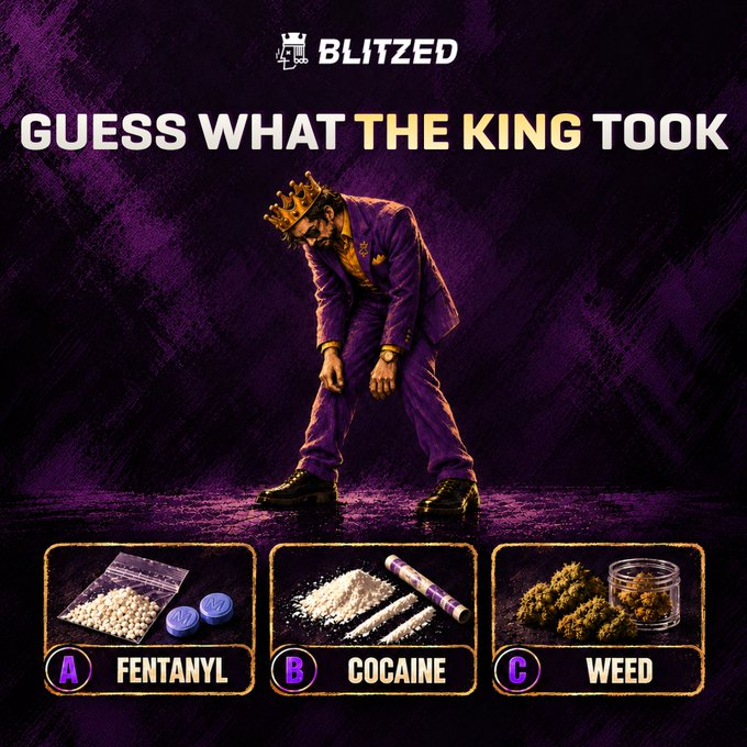 The image is a promotional graphic for "BLITZED" featuring a crowned figure in a purple suit alongside the text "GUESS WHAT THE KING TOOK," with three multiple-choice options (A: Fentanyl pills, B: Cocaine, and C: Weed) beneath. It ties into the Blitzed Casino's "$10 SOL Giveaway" on Twitter by inviting followers to engage with the quiz post for a chance to win Solana.