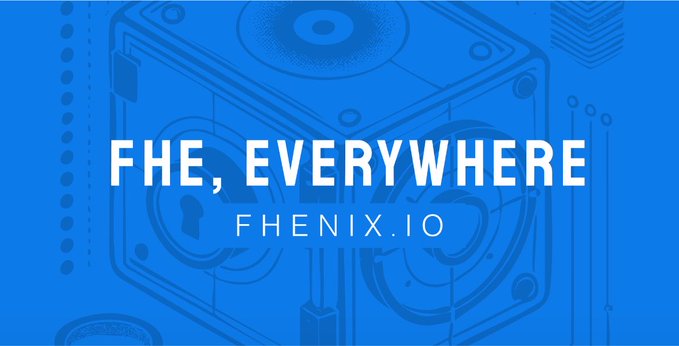 A blue promotional graphic for Fhenix.io with the text 'FHE, EVERYWHERE' displayed over a circuit-like background design.