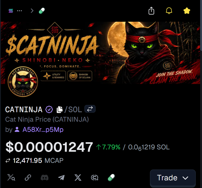 Screenshot of a token tracker page for $CATNINJA (Shinobi Neko) showing a price of $0.00001247 with a 7.79% increase, a market cap of 12,471.95, and featured artwork of a ninja cat with glowing green eyes. The promo banner reads "JOIN THE SHADOW. CLAIM THE MOON," aligning with the post's bullish messaging about the token's growing holders.