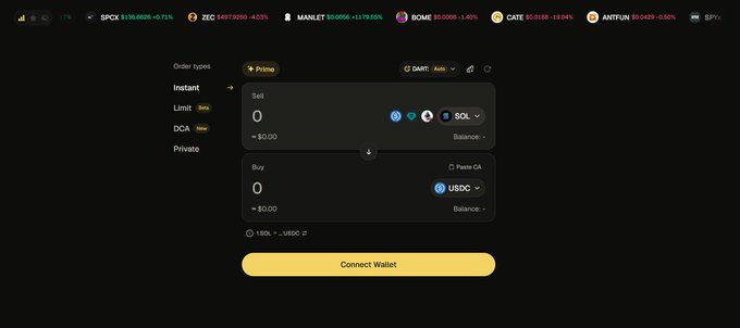 A dark-themed crypto swap interface showing an Instant order type for swapping 0 SOL to 0 USDC via Prism OAST on Solana, with a price of ~$136 and a yellow 'Connect Wallet' button at the bottom.