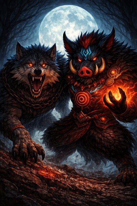 Fantasy digital artwork of two monstrous creatures — a snarling gray wolf and a boar-like humanoid with glowing red eyes and fiery magic — standing before a full moon.