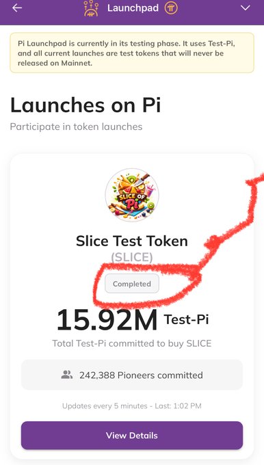 A screenshot of the Pi Launchpad showing a completed token launch for 'Slice Test Token (SLICE)', highlighting 15.92M Test-Pi committed by 242,388 Pioneers with a red circle drawn around the 'Completed' status.