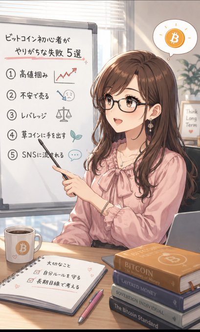 An anime-style illustration depicts a woman with glasses pointing to a whiteboard listing '5 Common Mistakes Bitcoin Beginners Make' in Japanese, with Bitcoin books stacked nearby.
