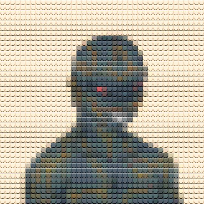 A pixelated/LEGO-style silhouette of a hooded figure with a single red glowing eye appears against a beige background. The mysterious, ominous image plays on "GM myths," suggesting a foreboding creature lurking in the background of the typical "Good Morning" crypto greeting.