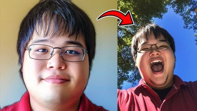 The image shows two photos of a man wearing glasses, both with his mouth open as if he's making a funny face or laughing. The first photo has a red shirt underneath, while the second photo features a black shirt. Both images have the same person in them and are set against a blue sky background. There is no text present in either image, but it appears that there might be some sort of connection between the two photos or the man's facial expressions.
