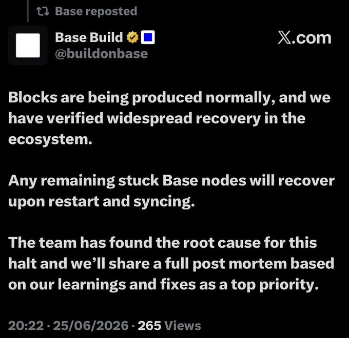 A reposted tweet from Base Build (@buildonbase) confirming that blocks are being produced normally with widespread ecosystem recovery, noting stuck Base nodes will recover upon restart and that a full post mortem will follow. The tweet, posted at 20:22 on 25/06/2026 with 265 views, corroborates the accompanying post announcing that Base is back up and operational.