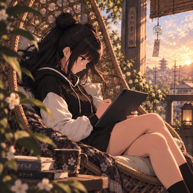 An anime-style illustration of a girl with dark hair sitting in a wicker chair, using a tablet, surrounded by plants and books with Japanese text on the spines.