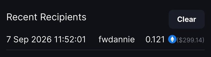 A "Recent Recipients" transaction record showing 0.121 ETH (worth $299.14) sent to "fwdannie" on 7 Sep 2026 at 11:52:01, aligning with the post announcing a $300 transaction sent to @DannyYhoung.