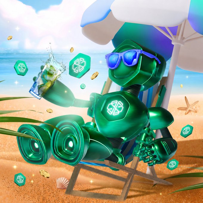 A 3D rendered illustration of a shiny green robot wearing purple sunglasses and a flower lei, relaxing on a beach chair under an umbrella while holding a splashing drink, surrounded by floating green hexagonal tokens with an 'X' logo and gold coins.