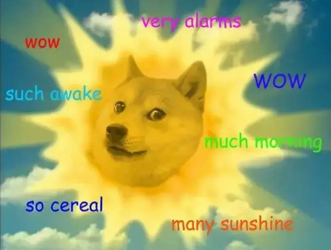 A popular internet meme features a Shiba Inu dog's face edited onto a radiant sun, surrounded by colorful 'Doge' text including phrases like 'wow', 'such awake', 'so cereal', 'very alarms', 'much morning', and 'many sunshine'.