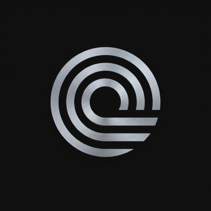A silver metallic logo featuring concentric curved lines on a black background.