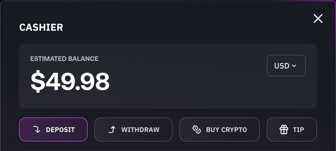 A digital cashier interface displays an estimated balance of $49.98 USD with options to deposit, withdraw, buy crypto, or send a tip. The image likely represents the funding or balance aspect of participating in the $EPIK drop promotion mentioned in the post.