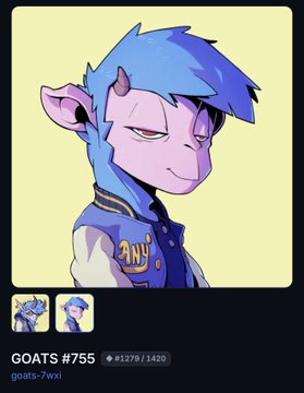 A digital illustration of a purple and blue anthropomorphic goat character wearing a varsity jacket. The text reads "GOATS #755" with "1279 / 1420" below, and "gowts-7wxi" at the bottom left.