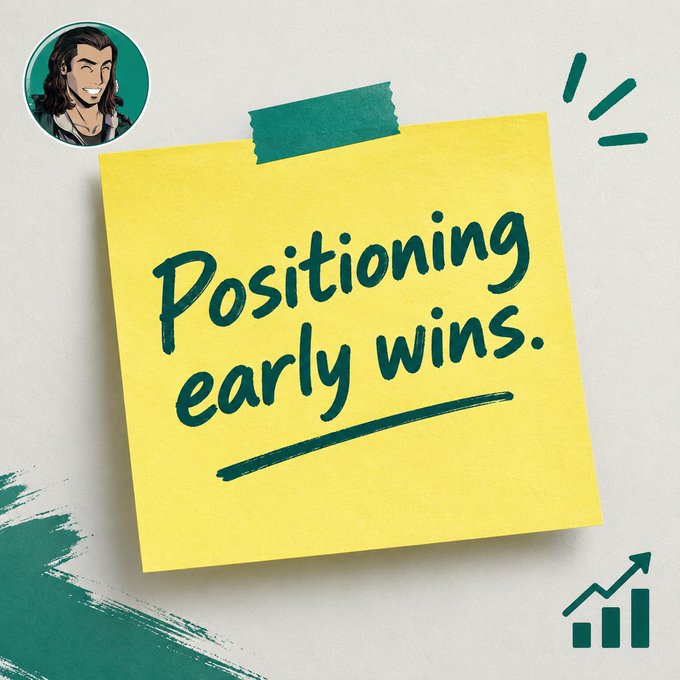 A yellow sticky note displaying the handwritten phrase 'Positioning early wins,' featuring a small avatar of a smiling man in the top left corner.