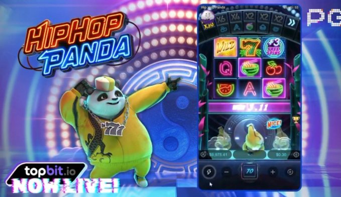 A promotional graphic for "Hip Hop Panda" features a panda character in a yellow tracksuit and headphones next to a smartphone displaying the slot game interface with a 10 free spins promotion, alongside the TopBit.io and PG Soft logos announcing the game's launch on the platform.