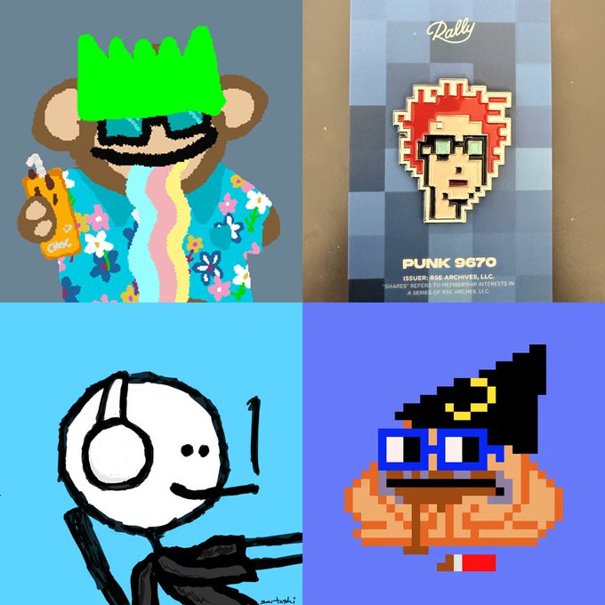 A 2x2 collage of four distinct artworks: top-left is a pixel art monkey with a green crown holding a juice box; top-right is a photo of a wooden pin of "PUNK 9670" by RSE Archives, LLC; bottom-left is a stick figure with headphones; bottom-right is a pixel art of a muscular character with glasses and a hat.