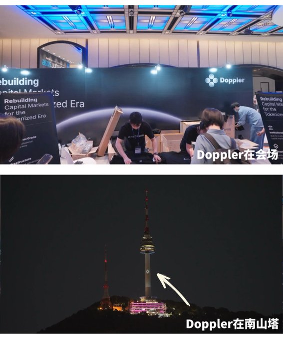 The image shows two photos: the top depicts a Doppler booth at a Korea conference with staff setting up displays promoting their "Rebuilding Capital Markets for the Tokenized Era" initiative, while the bottom shows a nighttime view of Namsan Tower in Seoul with a white arrow pointing to it. The captions "Doppler在会场" (Doppler at the venue) and "Doppler在南山塔" (Doppler at Namsan Tower) highlight the project's presence in South Korea, reinforcing the post's observation that Doppler is notably representing the XRP ecosystem at this Korean conference amid comparisons to other major crypto assets.