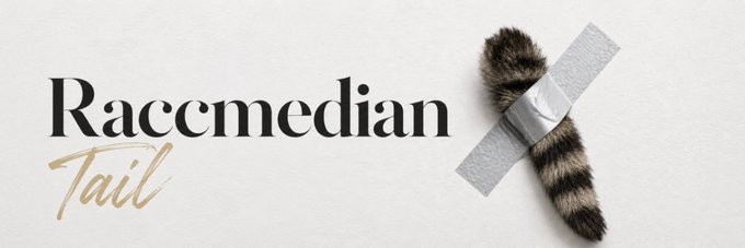 The image shows a banner featuring the text "Raccmedian Tail" in elegant black and gold script lettering, accompanied by a photograph of a raccoon's tail taped to the right side, representing the Solana token $Tail.