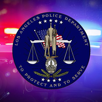 The image displays the official seal of the Los Angeles Police Department, featuring the motto "To Protect and to Serve" along with scales of justice and an American flag motif, set against a backdrop of flashing red and blue emergency lights. This emblem visually underscores the post's news about an LAPD officer receiving a life sentence plus 15 years for kidnapping a 17-year-old and stealing $350,000 in bitcoin from him.