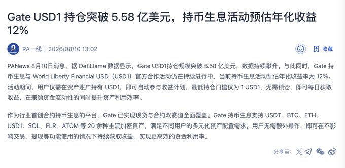 A Chinese-language news article from PANews dated 2026/08/10 reports that Gate's USD1 holdings have surpassed $558 million according to DefiLlama data, while highlighting an ongoing USD1 staking activity with World Liberty Financial offering an estimated 12% annualized yield, with a minimum investment of just 1 USD1 and no lock-up required.