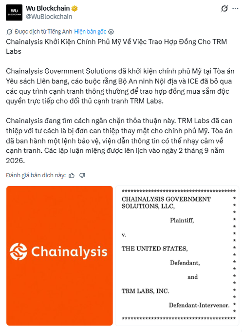 A social media post from Wu Blockchain about Chainalysis suing the U.S. government and TRM Labs over a contract award, featuring the Chainalysis logo and an image of a legal document.
