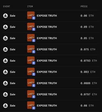 A list of recent "EXPOSE TRUTH" NFT sales on OpenSea showing prices ranging from 0.05 ETH to 0.09 ETH, which aligns with the post celebrating the collection trending on OpenSea with its floor price pushing up to 0.06 ETH and noting that a free mint has risen to 0.09 ETH.