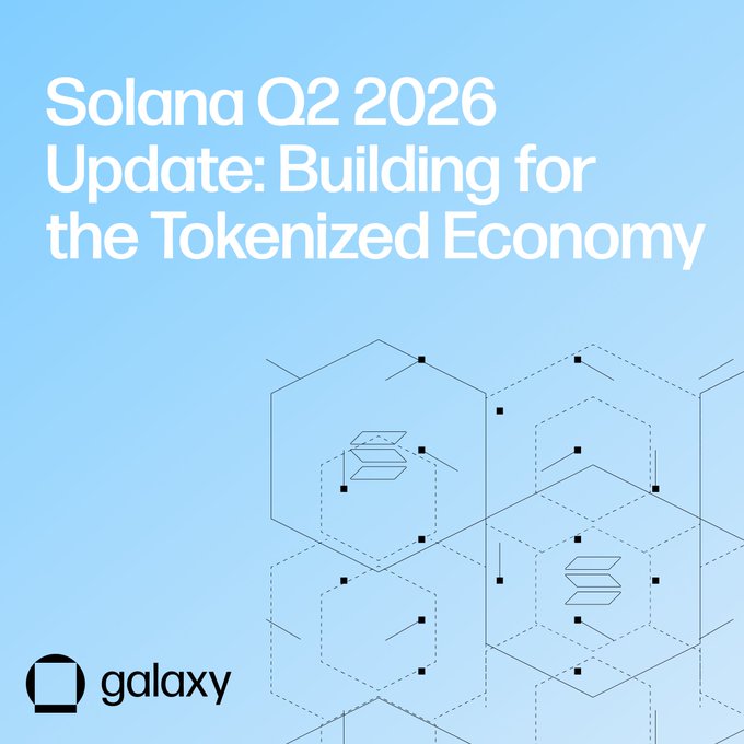 Cover image for Galaxy's Q2 2026 Solana research report titled "Solana Q2 2026 Update: Building for the Tokenized Economy," featuring the Galaxy logo on a light blue background with geometric blockchain-inspired hexagon graphics. The visual ties to the accompanying post by highlighting the report's focus on Solana's evolution into financial infrastructure beyond speculative trading.