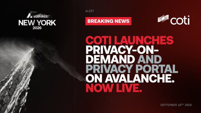 A promotional graphic reading 'ALERT BREAKING NEWS' announcing 'COTI LAUNCHES PRIVACY-ON-DEMAND AND PRIVACY PORTAL ON AVALANCHE. NOW LIVE.' dated 'SEPTEMBER 16TH 2026'.