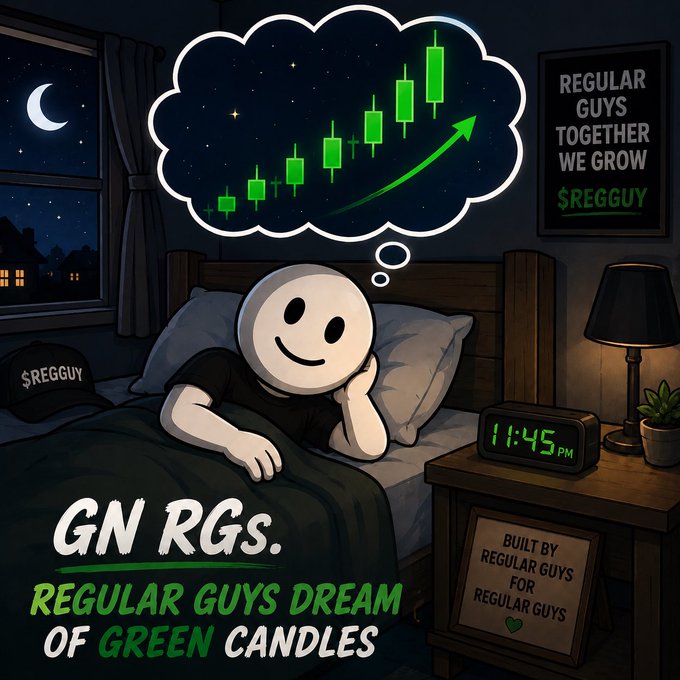 A smiling cartoon character lies in bed at night (clock reads 11:45 PM) dreaming of green bullish candlesticks trending upward, with a framed sign reading "REGULAR GUYS TOGETHER WE GROW $REGGUY" on the wall, visually echoing the "Gn sleep tight. Dream of $REGGUY tonight" message as the character literally dreams of the token's price rising.