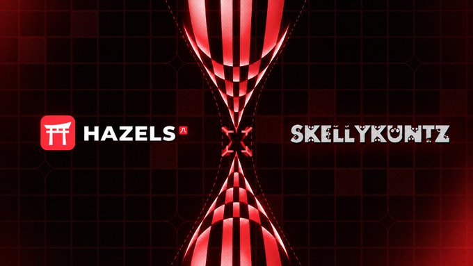 A promotional graphic with a red and black checkered hourglass design displays the logos and names "HAZELS" and "SKELLYKUNTZ".
