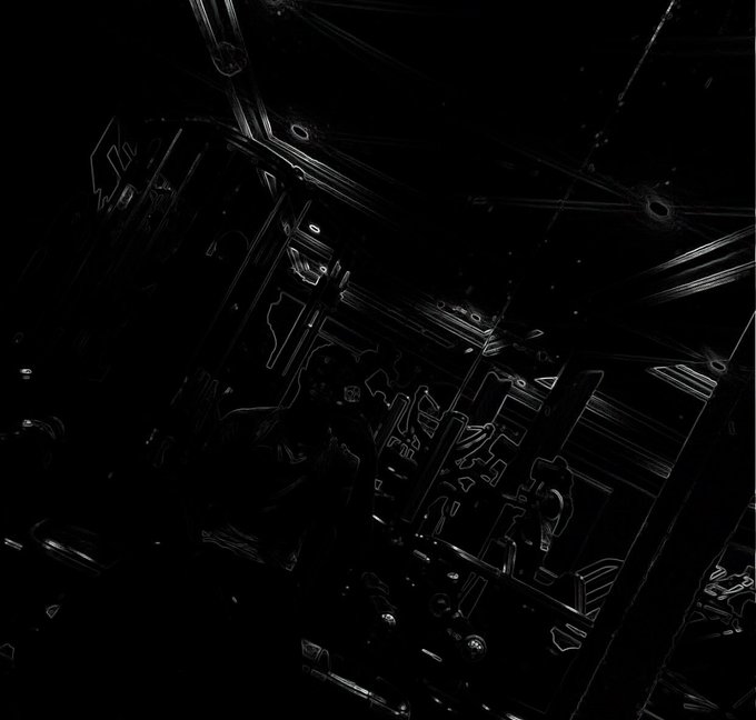 The image shows a dark, almost black abstract rendering with faint white outline details that appear to depict architectural or mechanical structures against a black background. The accompanying post suggests this is a newly minted NFT collection being shared in a crypto trading chat, with the faint, ghostly outline aesthetic reflecting the minimalist digital art style common in such collections.