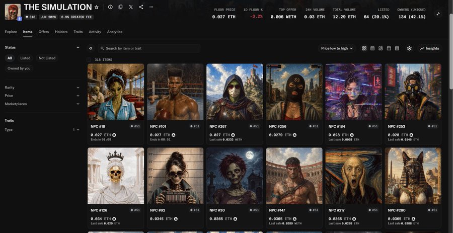 A screenshot of an NFT marketplace interface titled "THE SIMULATION" displays a collection of eerie, painted portraits labeled as NPCs (#18, #101, #267, etc.), with a floor price of 0.027 ETH.
