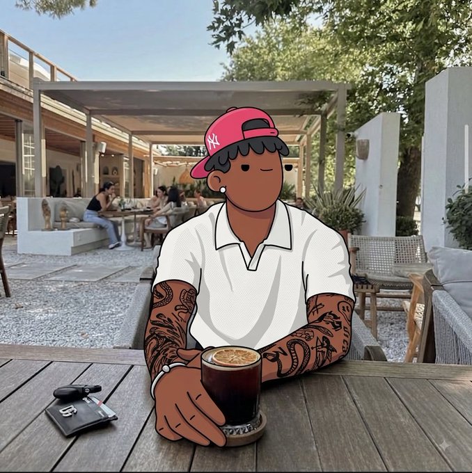 A digital illustration of a tattooed man wearing a pink Yankees cap and a white polo shirt, sitting at an outdoor café table with an iced coffee drink.