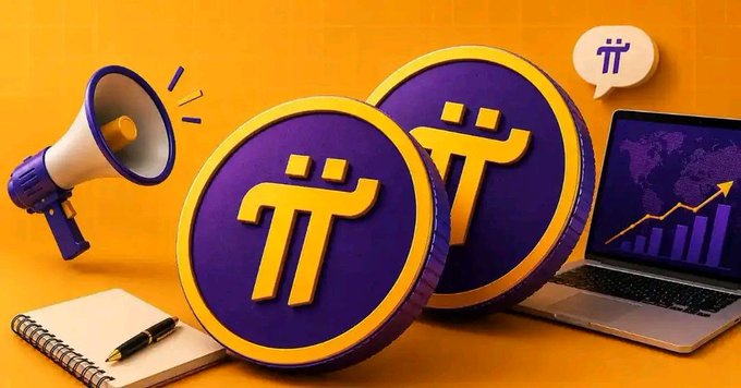 A 3D-rendered graphic features purple and gold Pi Network cryptocurrency coins alongside a megaphone, laptop, notebook, and speech bubble with the Pi logo.