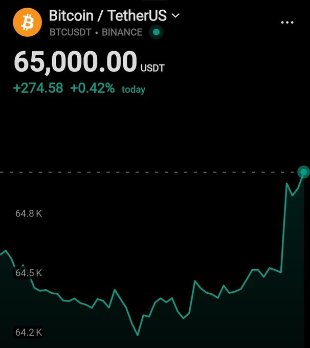 A mobile app screen shows Bitcoin (BTCUSDT) trading at 65,000.00 USDT on Binance, up +274.58 (+0.42%), with a green line chart showing recent price movement.