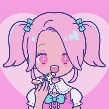 A cute anime-style illustration of a pink-haired girl with pigtails, blue bows, and pink eyes, happily eating a small pastry against a pink heart-shaped background.