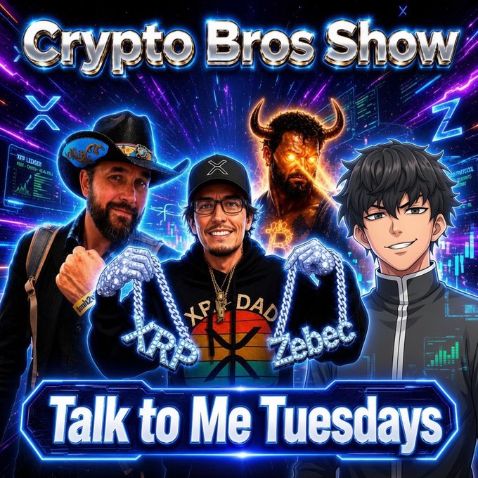 Promotional artwork for 'Crypto Bros Show: Talk to Me Tuesdays' featuring three men and an anime-style character, with XRP and Zebec chain logos visible.