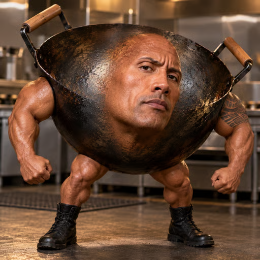 A humorous AI-generated image showing Dwayne 'The Rock' Johnson's muscular body combined with a wok as the torso, wearing black boots in a kitchen setting.