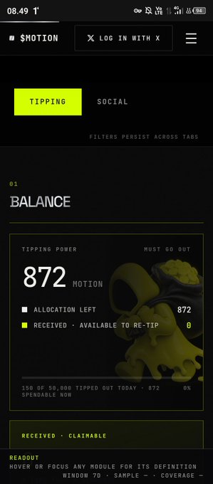 A mobile app screenshot titled '$NOTION' displays a 'TIPPING' tab showing a 'TIPPING POWER' balance of '872 MOTION' with 'RECEIVED' available to re-tip.