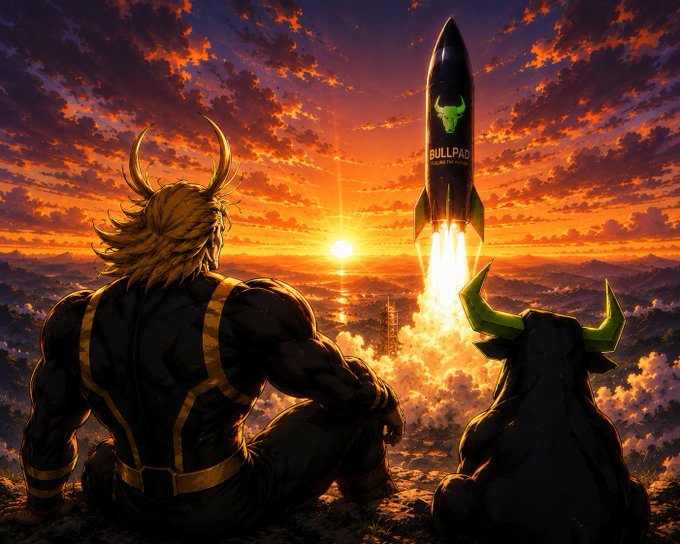 An anime-style illustration of a muscular figure with horns and a bull watching a rocket labeled 'BULLPAD' launch into a dramatic orange sunset sky.