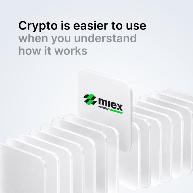 A minimalist white advertisement reads 'Crypto is easier to use when you understand how it works' alongside the logo for 'miex ACADEMY' displayed on a stylized white card.