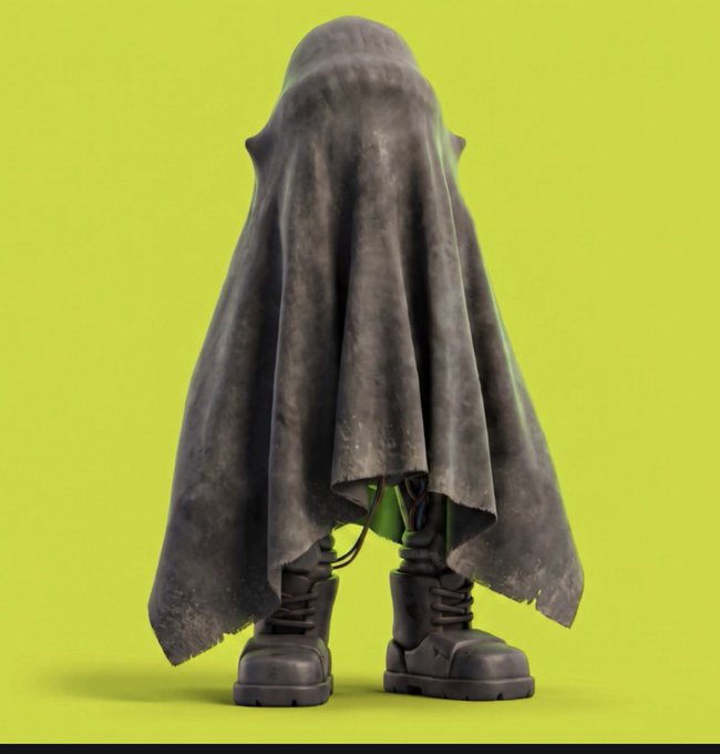A 3D render of a character completely covered by a tattered dark grey cloak, wearing chunky black boots, standing against a bright yellow-green background.