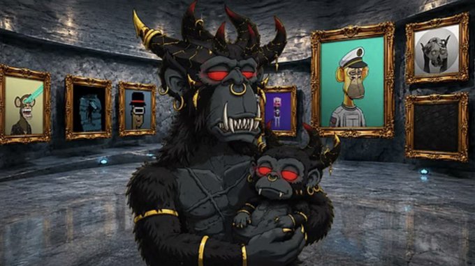 A menacing dark-furred horned demon figure with red eyes and gold jewelry holds a smaller similar creature, standing in a gallery with framed ape portraits on the walls.