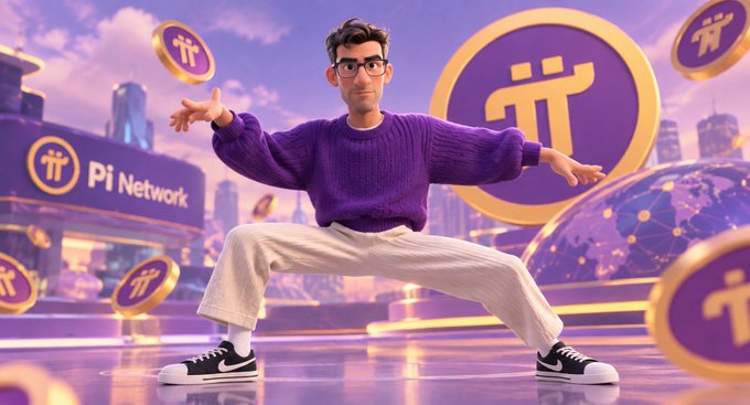 A cartoon-style man in a purple sweater strikes a wide, confident stance amid floating "Pi Network" logos and Pi coin tokens in a futuristic cityscape. The image pairs with the post's discussion of Protocol 28, visually representing the active, decentralized engagement the upgrade aims to foster—developers and users alike stepping into the Pi ecosystem's next phase.