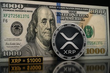 A $1000 US Federal Reserve Note featuring serial number XF27258137G is displayed with an XRP (Ripple) cryptocurrency coin overlaid on top, accompanied by text stating "XRP = $1000" and "Xlb = ‡J000." The image visually represents the post's question about why XRP's price would need to reach $1000 if its role is infrastructure while RLUSD carries the value.